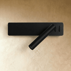 Clérachic matte black wall reading light with its cylindrical arm swung out below a slim rectangular backplate, shown unlit.