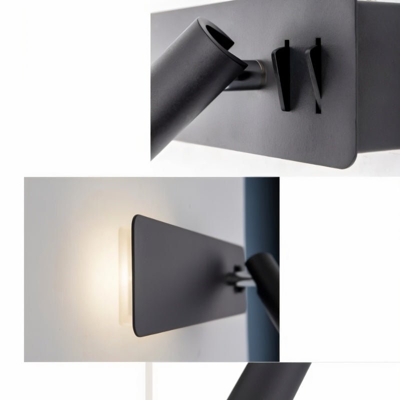 Close crops of the Clérachic black reading wall light showing its two small switches, backplate edge and the glow behind the plate.