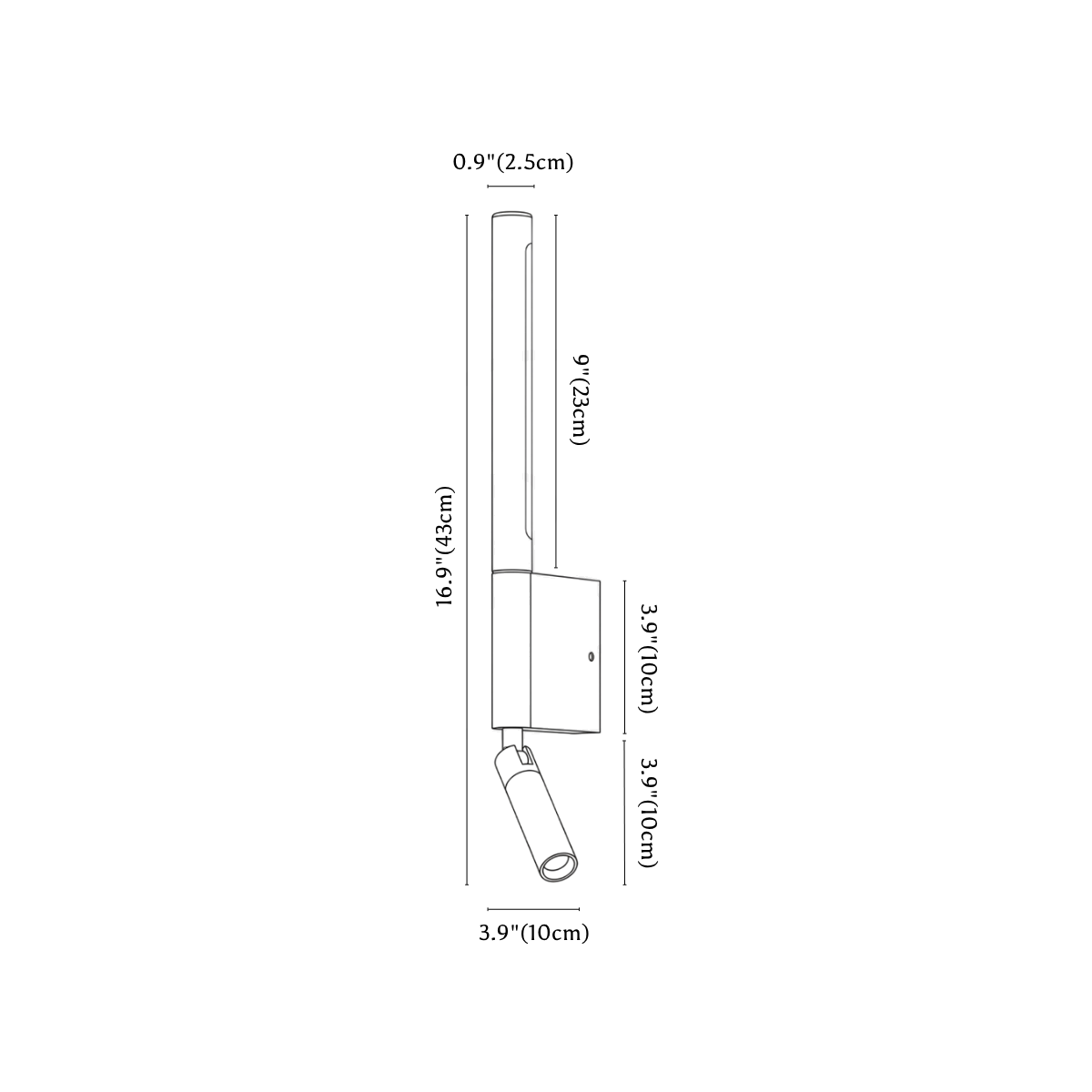 Clérachic wall light dimension drawing, every measurement marked in centimetres and inches.