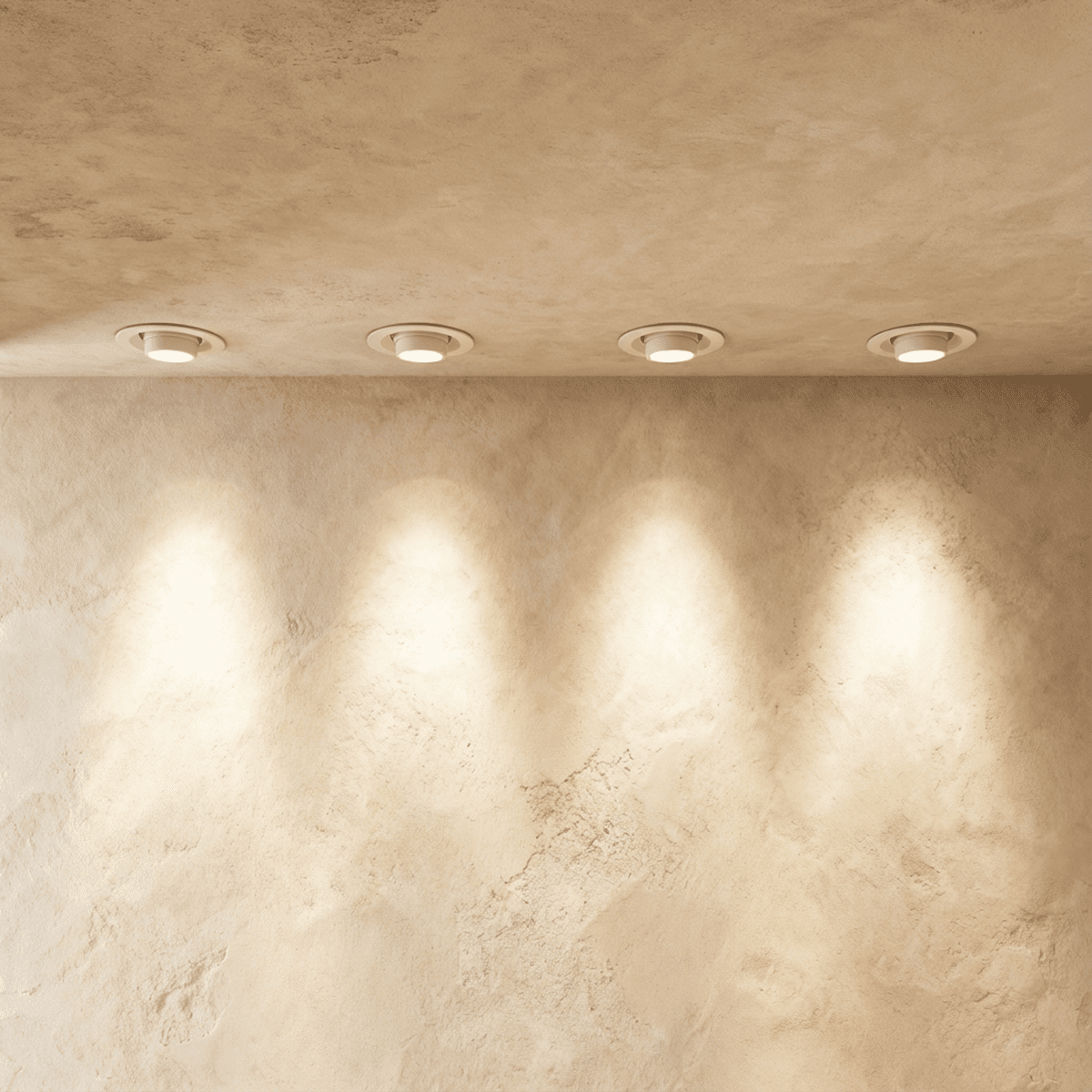 Clérachic white recessed tilting downlights set in a limewash ceiling, each washing a warm pool of light down the wall.