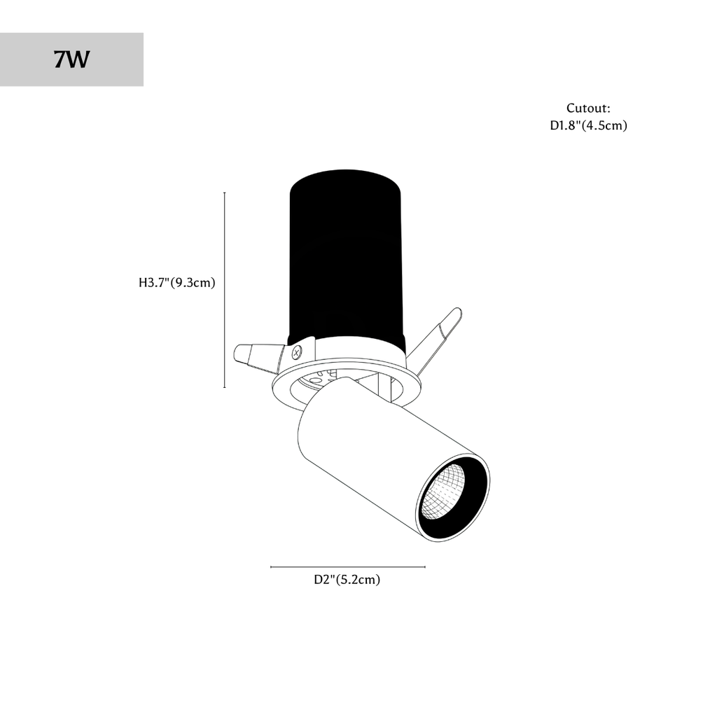 Clérachic downlight dimension drawing, every measurement marked in centimetres and inches.