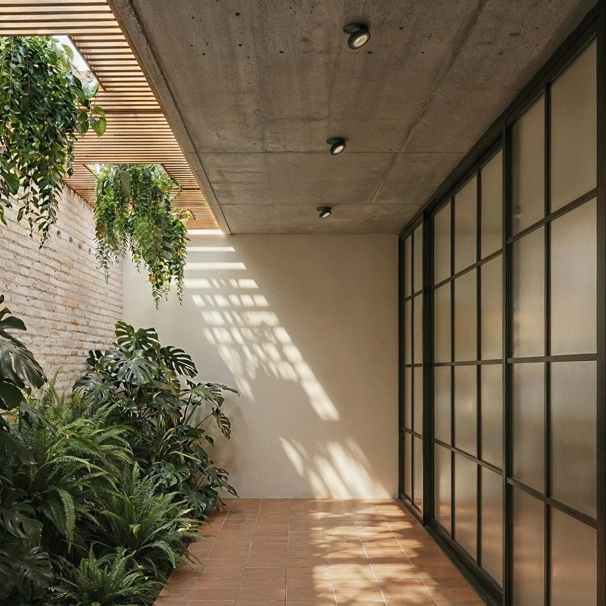 Clérachic recessed downlights in black, three units set into a concrete soffit above a tiled courtyard with brick planting beds and glazed doors.