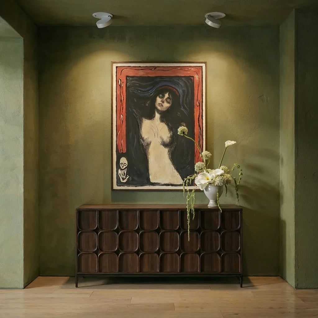 Clérachic recessed downlights in white, the same pair switched on to wash warm light across the framed portrait and the sideboard beneath it.