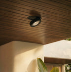 Clérachic recessed downlight in black, close on the arm and hinge where the head swings out of the plate in a wood-slat ceiling.