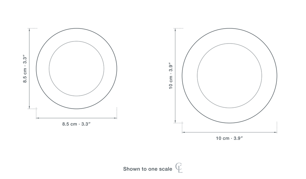 Technical dimension drawing of the Recessed Downlight in both sizes — ⌀8.5 cm (3.3″) and ⌀10 cm (3.9″), drawn to one scale.