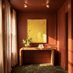 Clérachic recessed downlights in white, two units lighting a rust-red room with a burl wood console table and a framed yellow painting.