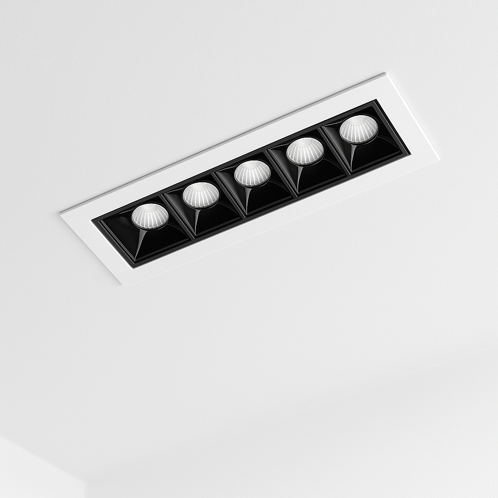 Clérachic recessed five-head linear downlight in a white trim with black square reflectors, set flush into a white ceiling.