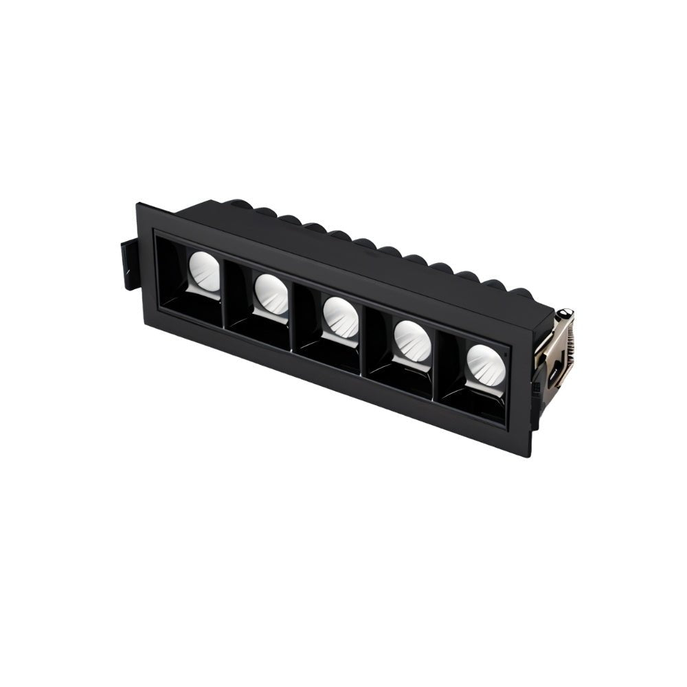 Clérachic five-head recessed linear downlight in black with square reflectors and a ribbed heatsink, on white.