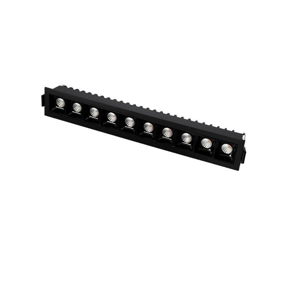Clérachic ten-head recessed linear downlight in black, a long row of square reflectors with a ribbed heatsink, on white.