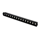 Clérachic fifteen-head recessed linear downlight in black, a long row of square reflectors with a ribbed heatsink, on white.