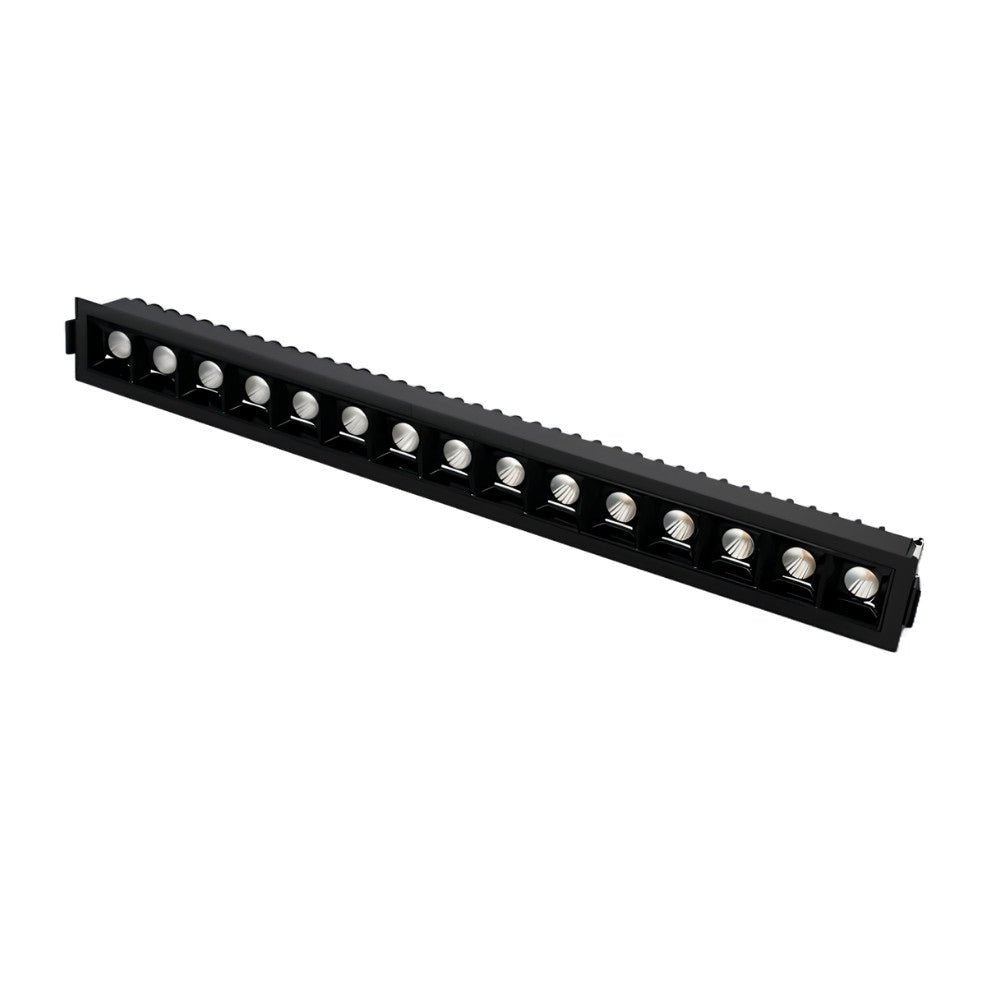 Clérachic fifteen-head recessed linear downlight in black, a long row of square reflectors with a ribbed heatsink, on white.