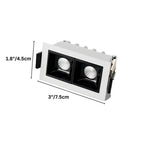 Clérachic two-head white recessed downlight with its width and length measurements marked in cm and inches.