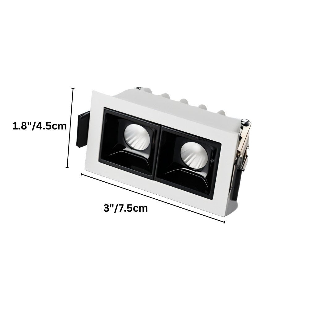 Clérachic two-head white recessed downlight with its width and length measurements marked in cm and inches.
