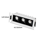 Clérachic three-head white recessed downlight with its width and length measurements marked in cm and inches.