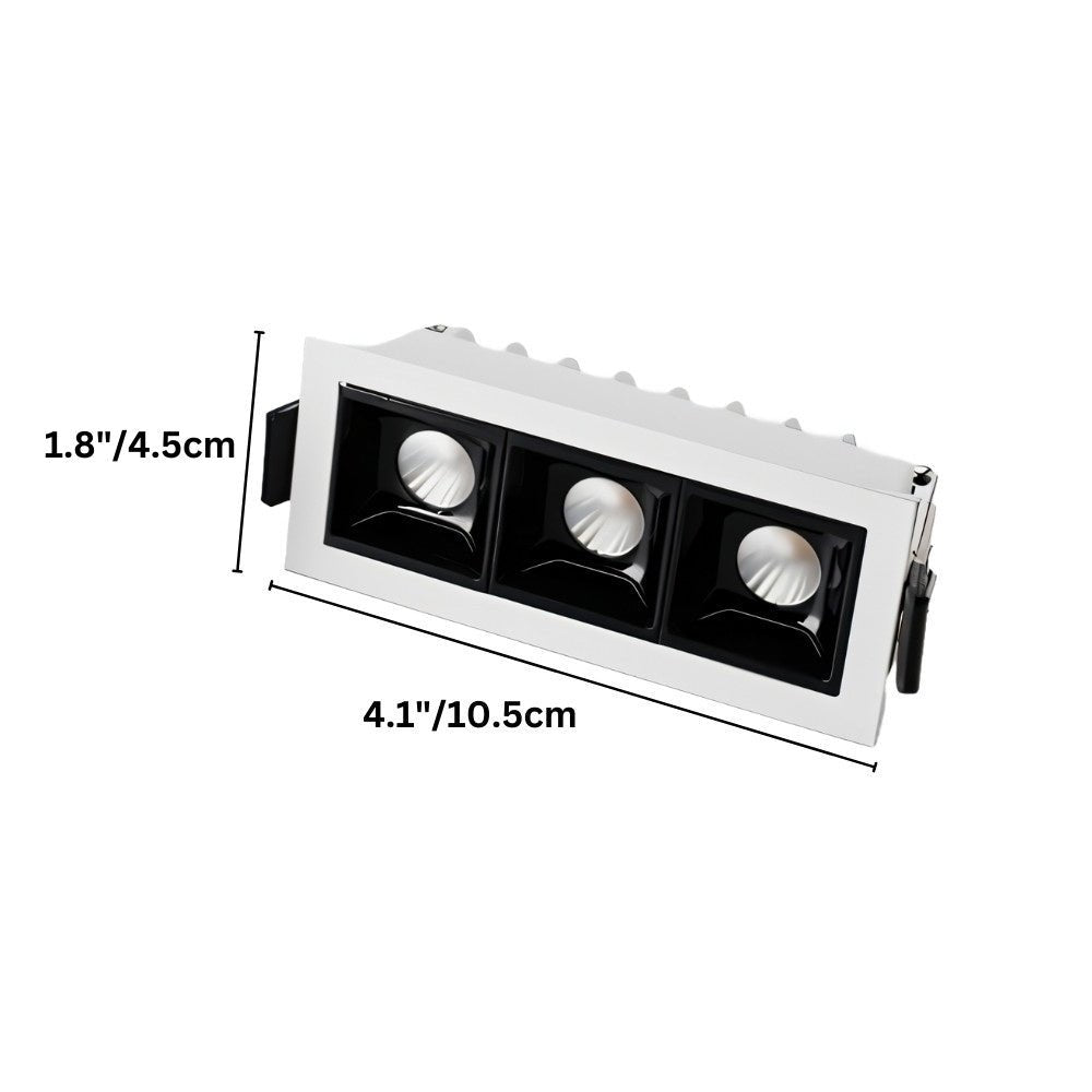 Clérachic three-head white recessed downlight with its width and length measurements marked in cm and inches.