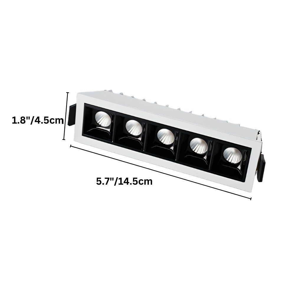 Clérachic five-head white recessed downlight with its width and length measurements marked in cm and inches.