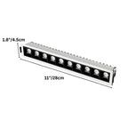 Clérachic ten-head white recessed linear downlight with its width and length measurements marked in cm and inches.
