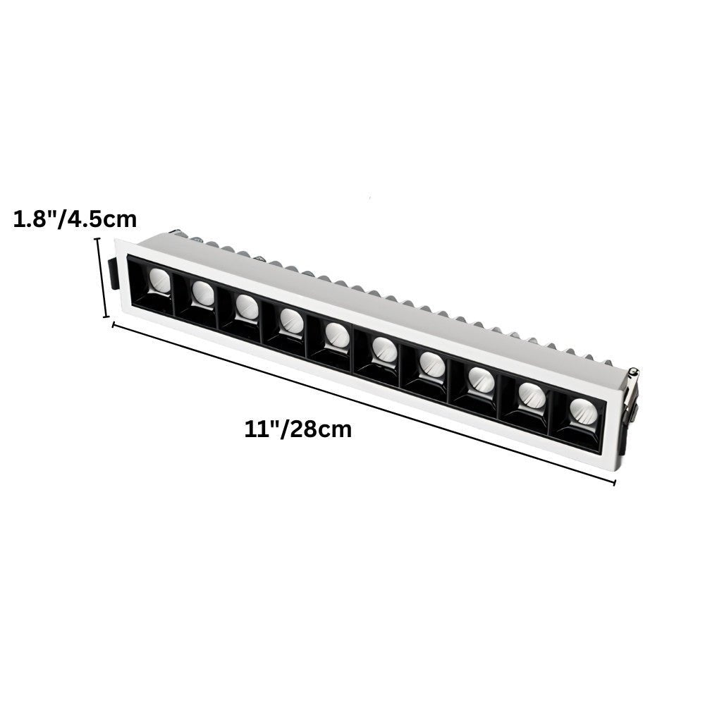 Clérachic ten-head white recessed linear downlight with its width and length measurements marked in cm and inches.