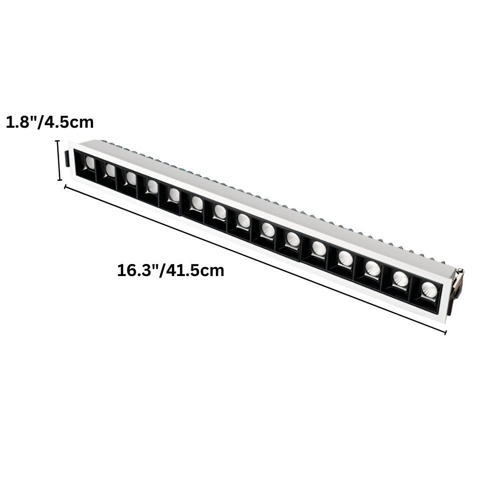 Clérachic fifteen-head white recessed linear downlight with its width and length measurements marked in cm and inches.