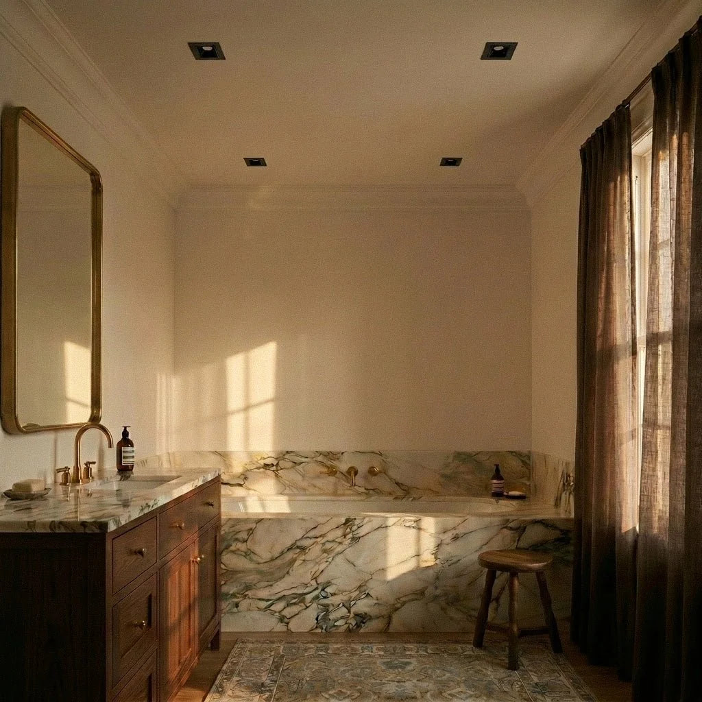Clérachic square black recessed downlights set in a cream ceiling above a marble bath, shown switched off in daylight.
