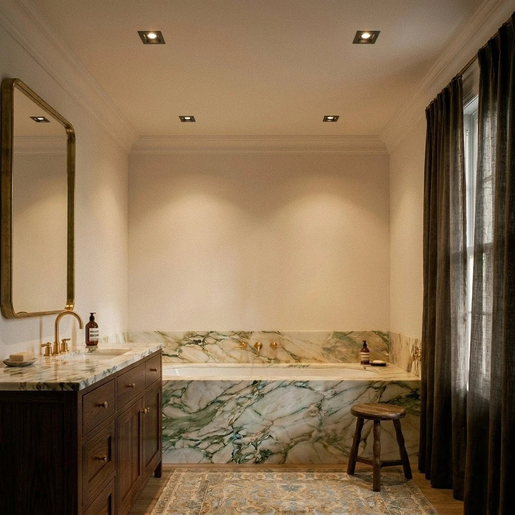 Clérachic square black recessed downlights lit warm in a cream bathroom ceiling above a marble bath and walnut vanity.