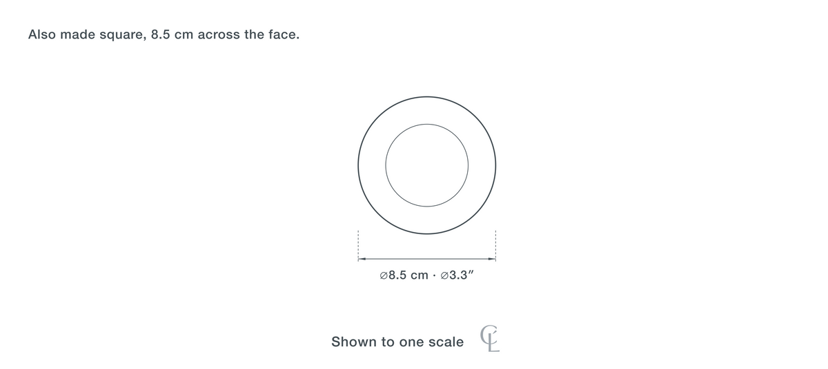 Technical dimension drawing of the Recessed Wall Light for Stairwell, Step Fitting, 8.5 cm — 8.5 cm (3.3″) across, drawn to scale.