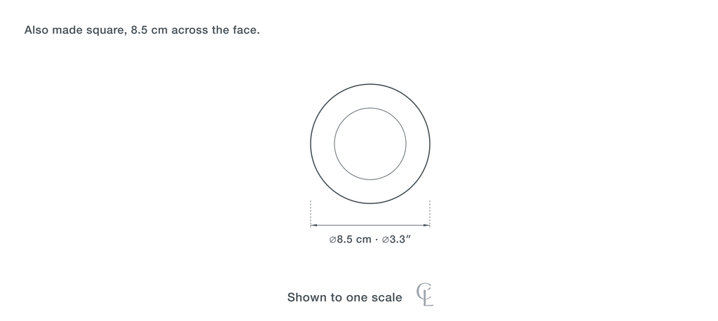 Technical dimension drawing of the Clérachic Recessed Wall Light for Stairwell, Step Fitting, 8.5 cm — 8.5 cm (3.3″) across, drawn to scale.