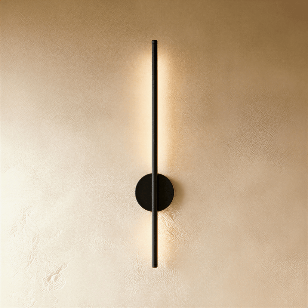 Clérachic slim black vertical wall lamp on a round backplate, glowing warm along its length on a limewash wall.