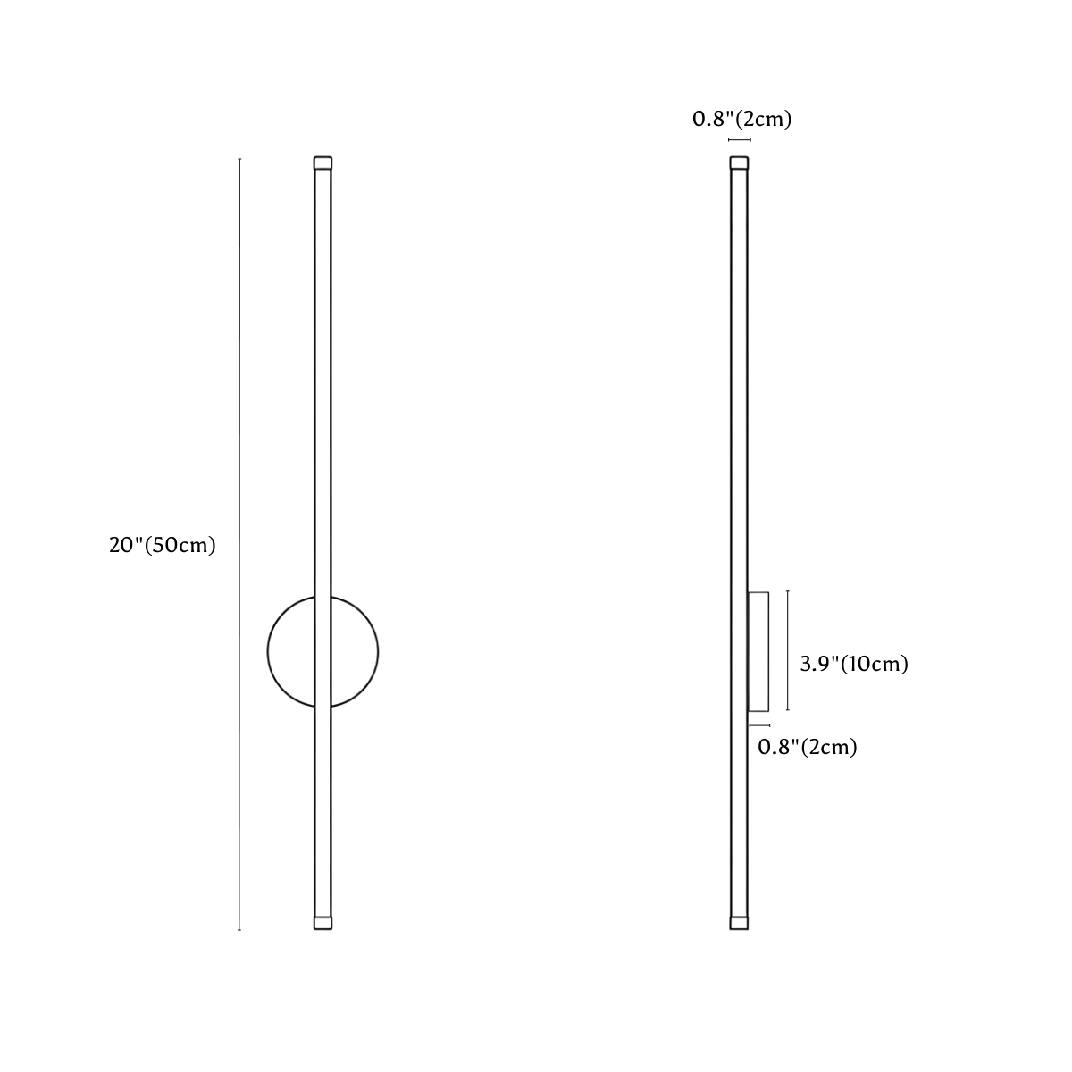 Clérachic wall light dimension drawing, 50 cm, every measurement marked in centimetres and inches.