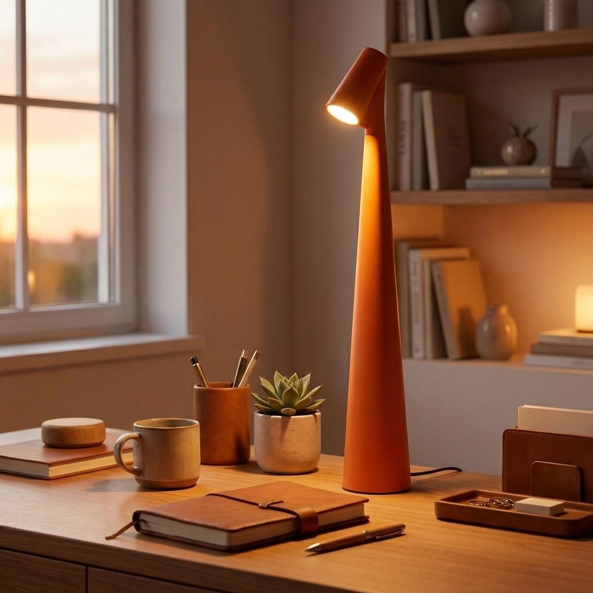 Clérachic cone lamp in orange lit on a desk at sunset, beside a mug, succulent and notebooks.