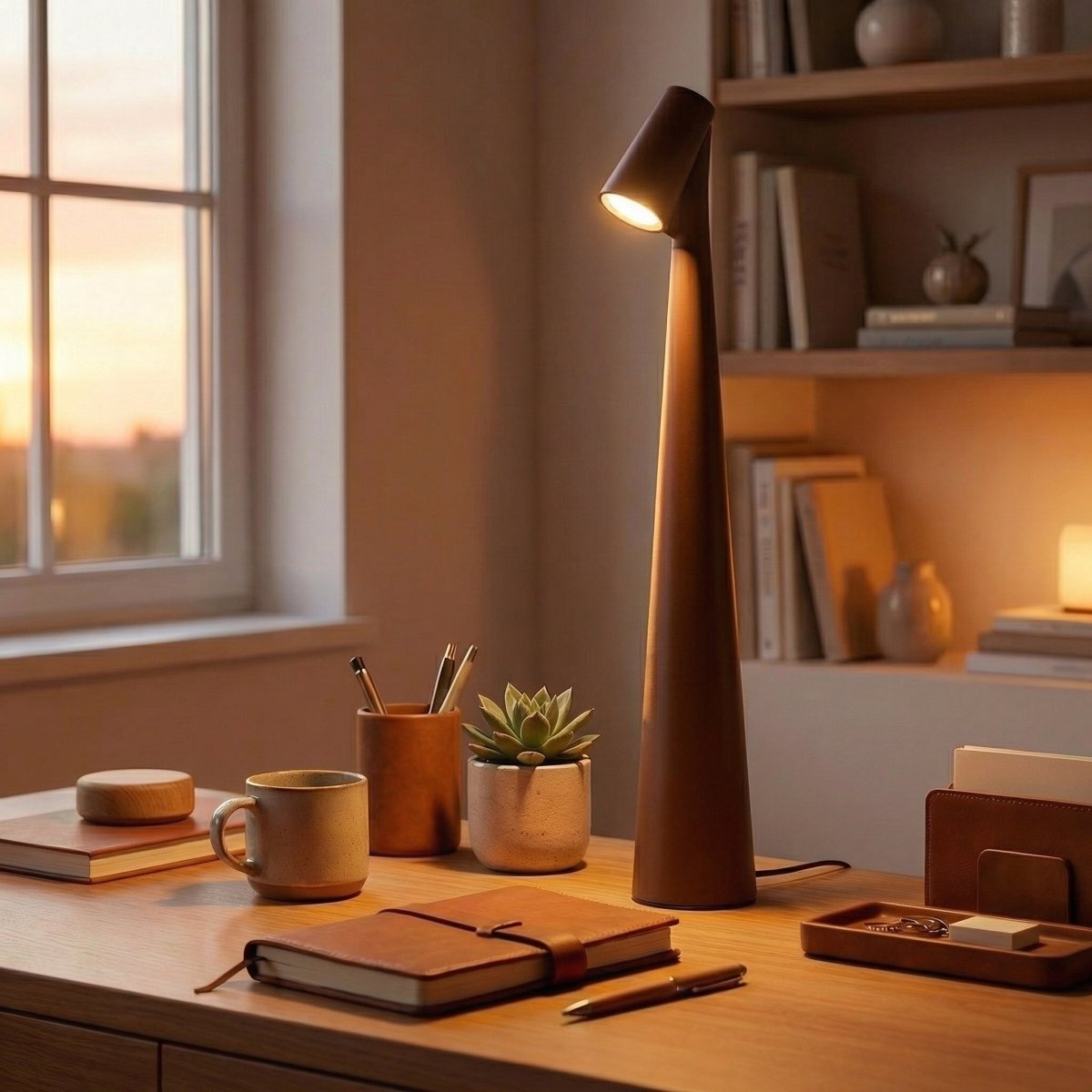 Clérachic cone lamp in terracotta lit on a desk, bookshelf and window glowing behind it.