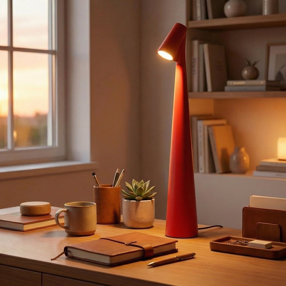 The red Clérachic cone lamp lit on a desk at dusk, its beam pooling on the notebook below.