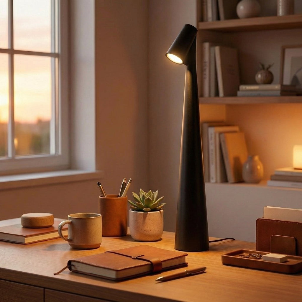 The black Clérachic cone lamp lit on a desk, casting a soft circle of light by the window.
