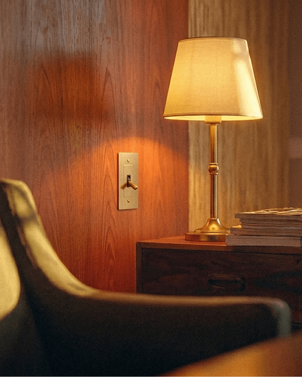 Clérachic brushed gold table lamp glowing warm on a dark wood side table beside magazines, against a wood-panelled wall.