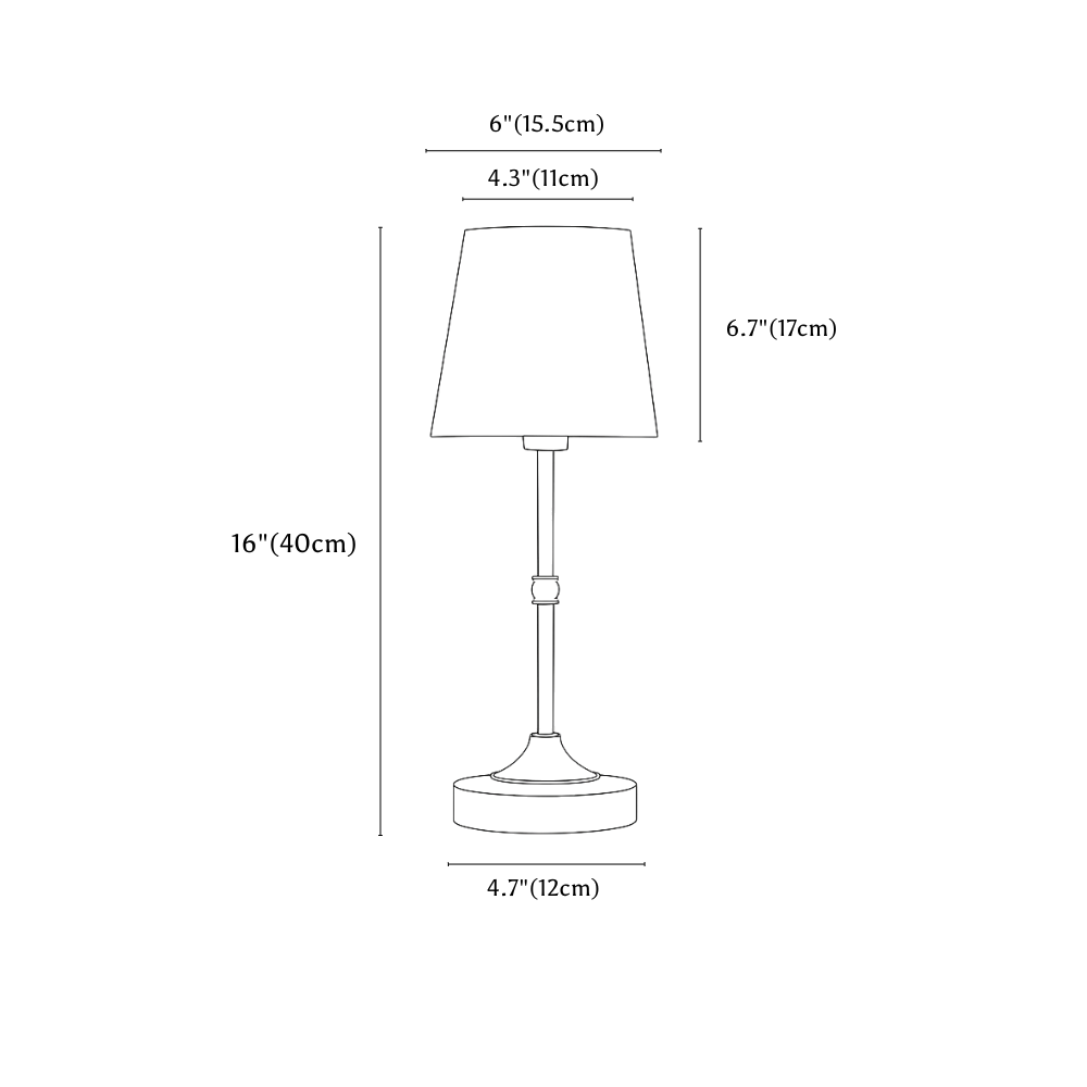 Clérachic table lamp dimension drawing, every measurement marked in centimetres and inches.