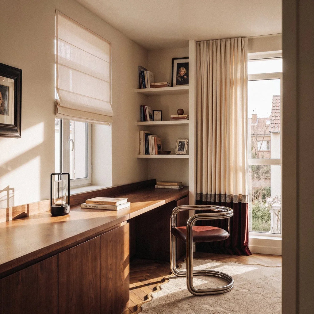 Clérachic small black table lamp on a walnut desktop by a sunlit window, with books, a roman blind and a chrome chair nearby.