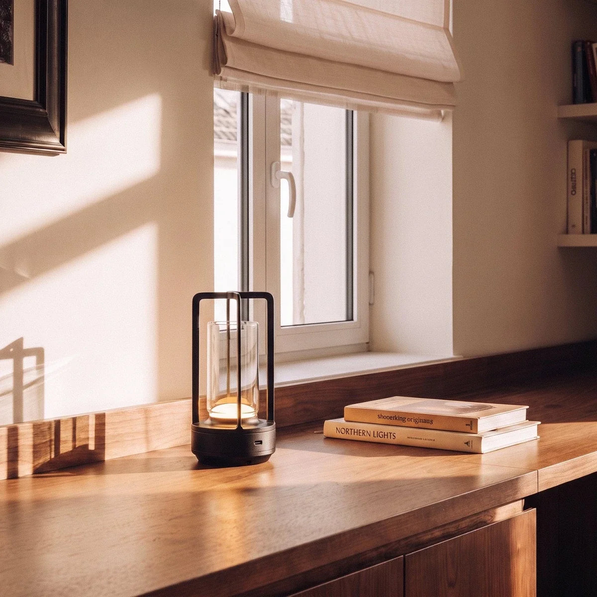 Clérachic black table lamp glowing on a walnut desk beside two books, in low window sunlight with a roman blind behind.