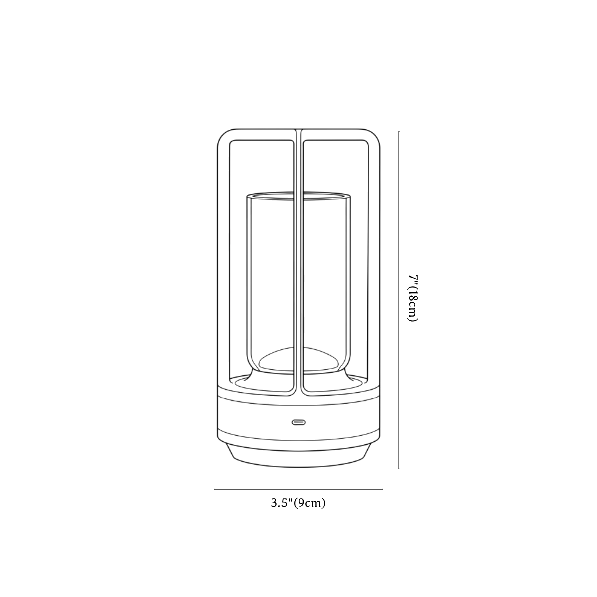 Clérachic table lamp dimension drawing, every measurement marked in centimetres and inches.