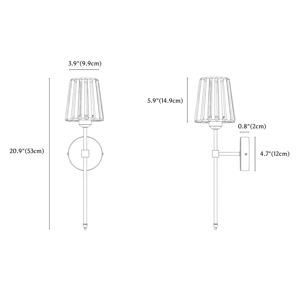 Clérachic wall light dimension drawing, every measurement marked in centimetres and inches.