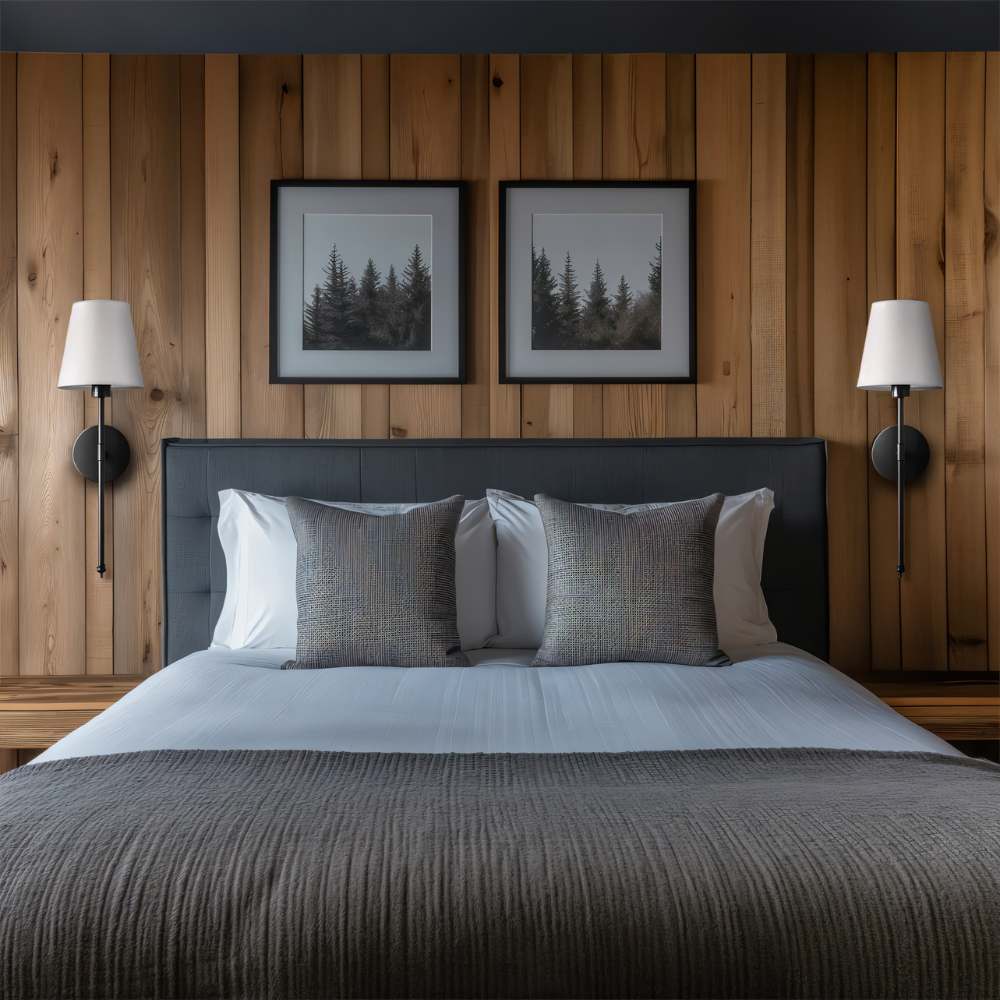 Clérachic pair of black wall sconces with white shades either side of two framed prints on a timber-panelled bedroom wall.