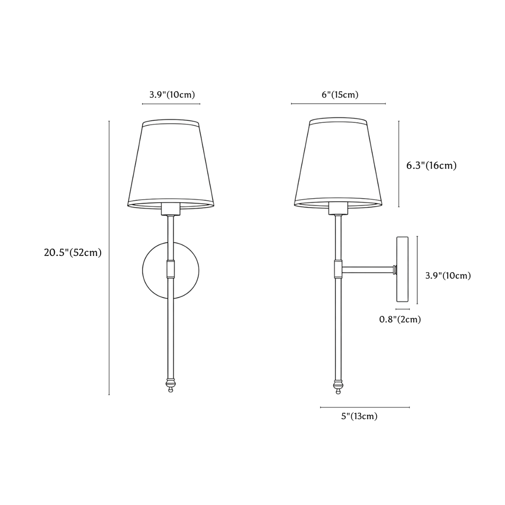 Clérachic wall sconce dimension drawing, every measurement marked in centimetres and inches.