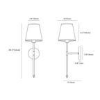 Clérachic wall sconce dimension drawing, every measurement marked in centimetres and inches.