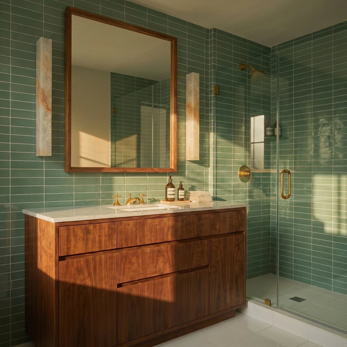 Clérachic pair of alabaster bar wall lights either side of a walnut-framed mirror above a wooden vanity and green tiles