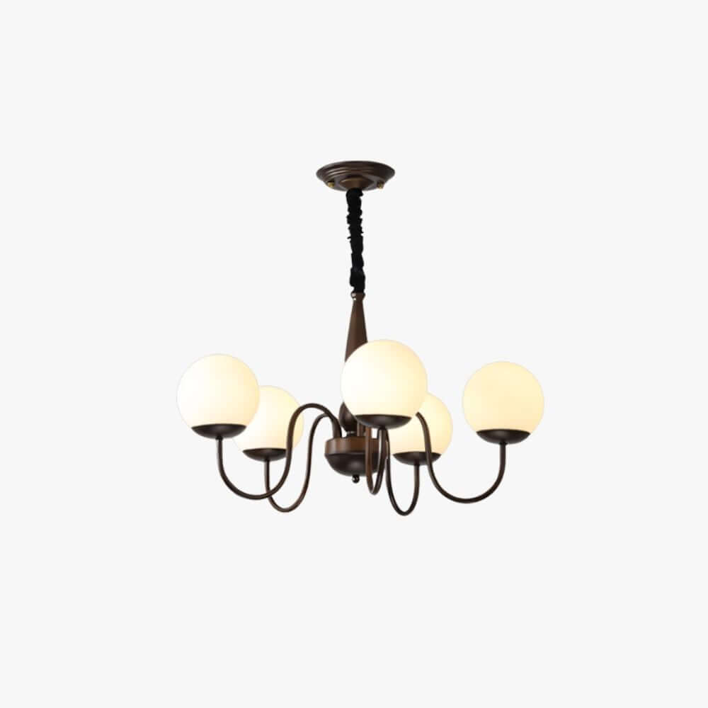 This Clérachic chandelier on a plain white backdrop, with milky white glass globes on curved dark bronze arms and a wrapped black chain.