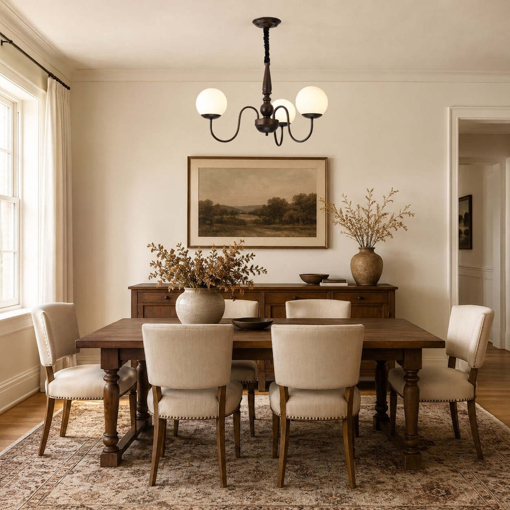 Three white glass globes on curved dark arms, a Clérachic chandelier hung above a long wooden dining table with upholstered chairs.