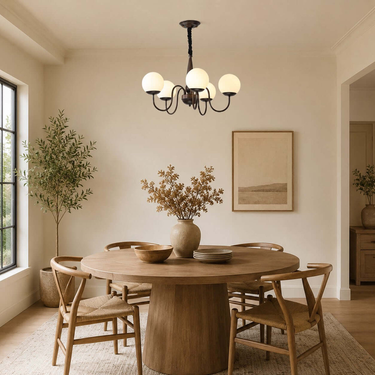 A Clérachic globe chandelier with curved bronze arms hangs above a round oak dining table, with an olive tree and a soft landscape print.