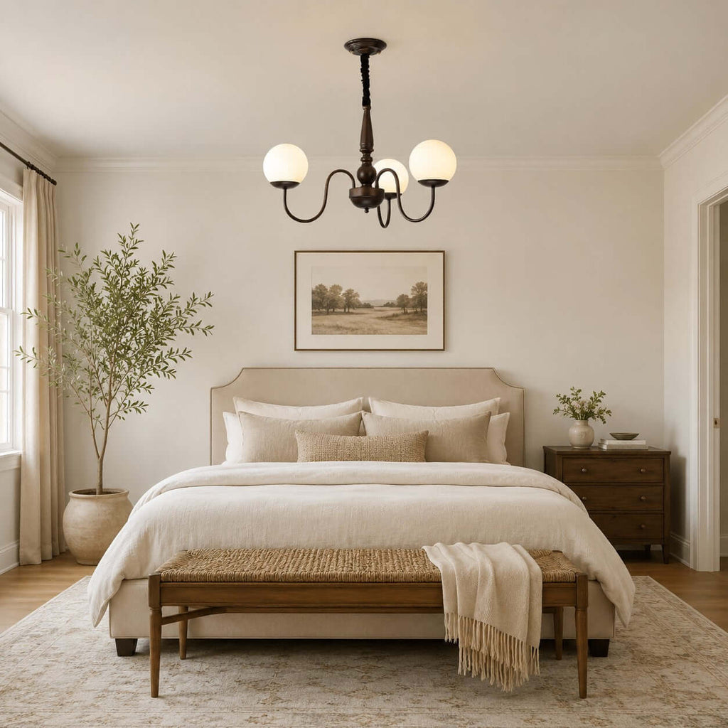 Over a king-size bed with a woven bench and cream bedding, a three-globe Clérachic chandelier hangs from its dark chain.