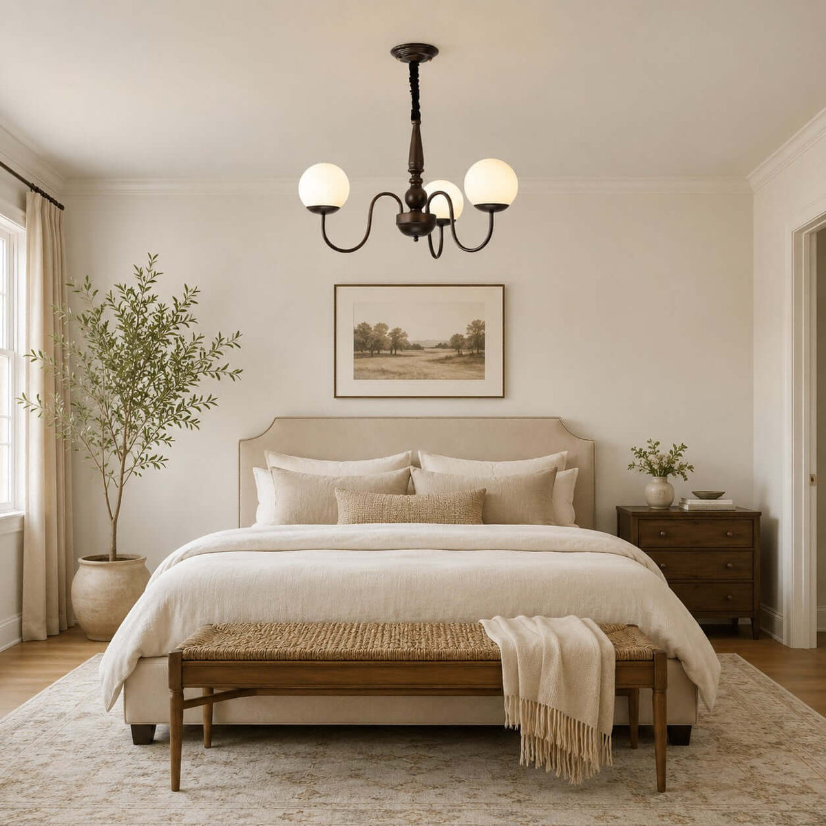 Over a king-size bed with a woven bench and cream bedding, a three-globe Clérachic chandelier hangs from its dark chain.