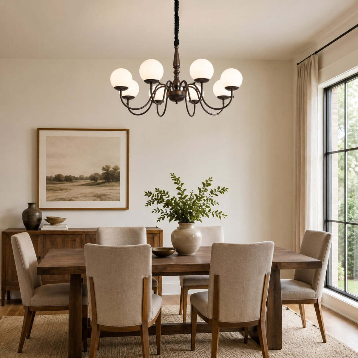 An eight-globe Clérachic chandelier in dark bronze hangs above a wooden dining table with linen chairs and a framed landscape.