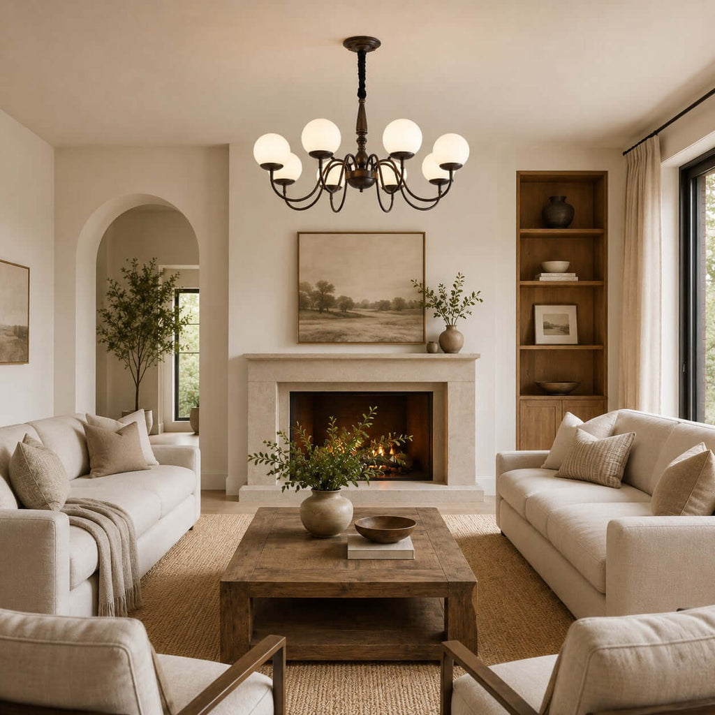 A Clérachic globe chandelier hung in a living room with a stone fireplace, built-in shelves and two cream sofas on a jute rug.